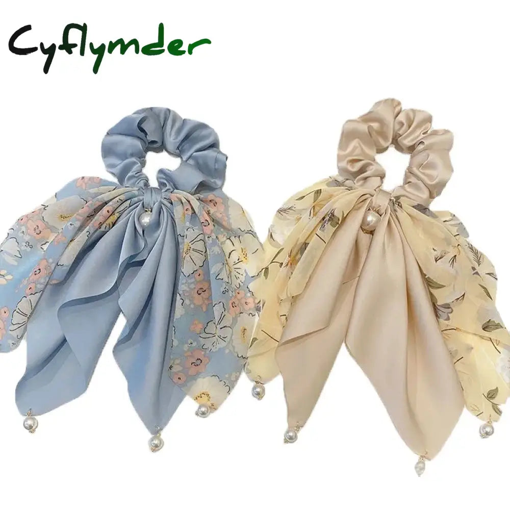 Cyflymder New Women Bow Hair Ropechiffon Floral Print Sweet Elastic Band Ponytail Holder Gum For