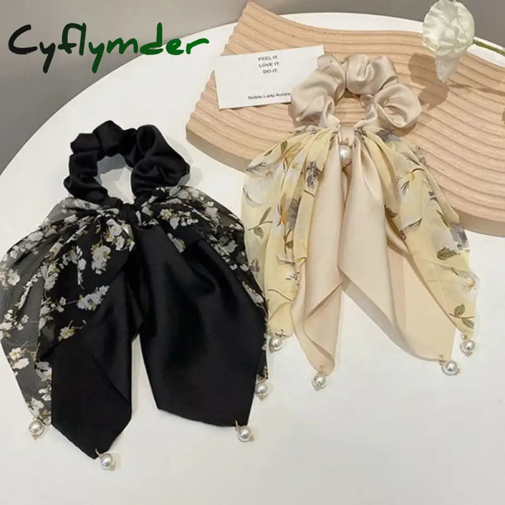 Cyflymder New Women Bow Hair Ropechiffon Floral Print Sweet Elastic Band Ponytail Holder Gum For