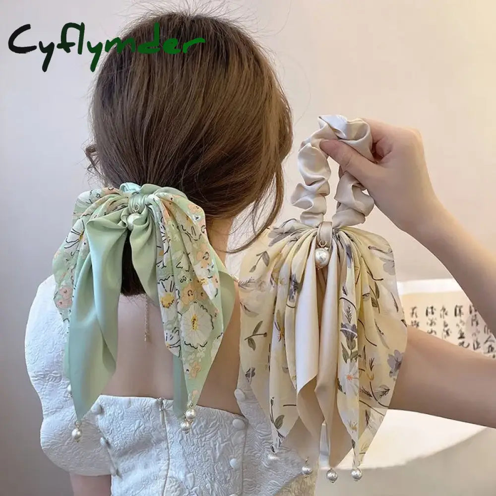 Cyflymder New Women Bow Hair Ropechiffon Floral Print Sweet Elastic Band Ponytail Holder Gum For