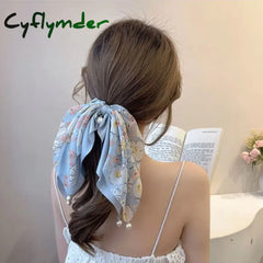 Cyflymder New Women Bow Hair Ropechiffon Floral Print Sweet Elastic Band Ponytail Holder Gum For