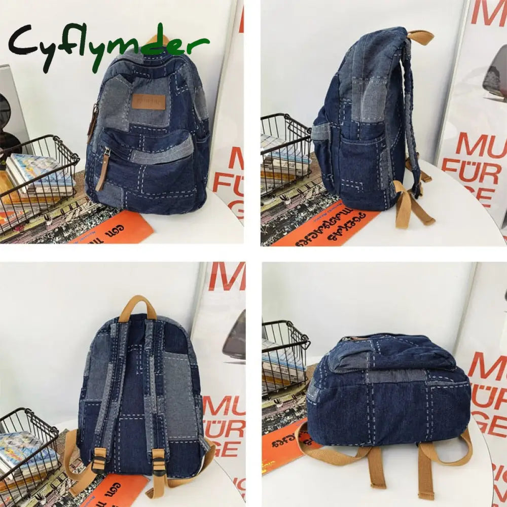 Cyflymder New Women Denim Vintage College Backpack Lady Leisure Retro Trendy Female Patchwork Book