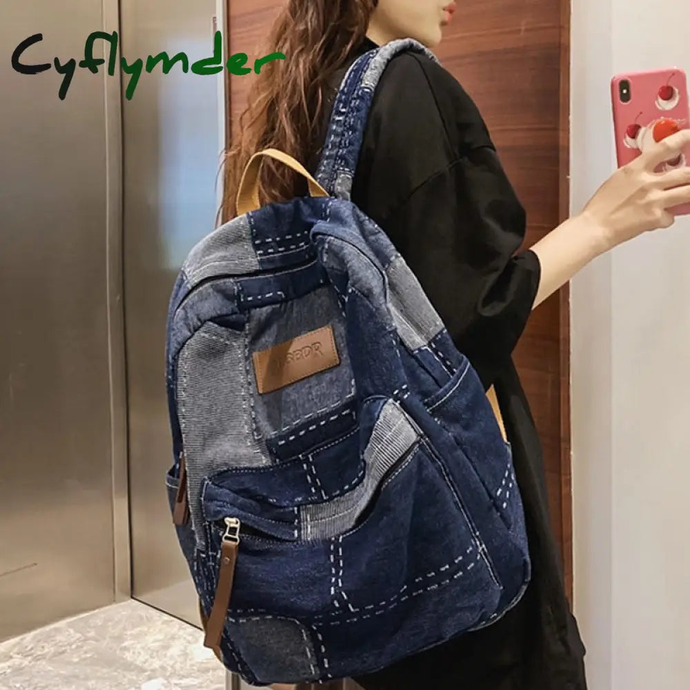 Cyflymder New Women Denim Vintage College Backpack Lady Leisure Retro Trendy Female Patchwork Book