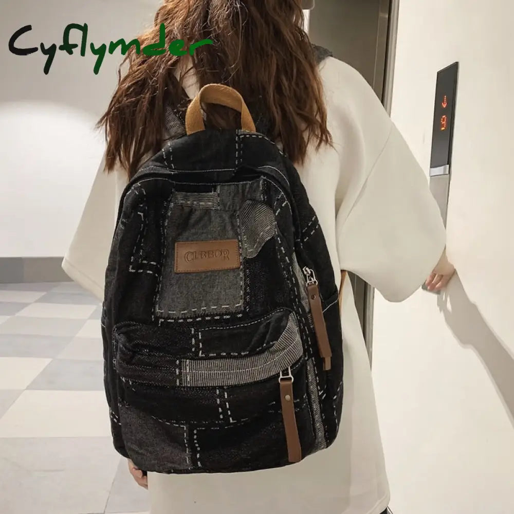 Cyflymder New Women Denim Vintage College Backpack Lady Leisure Retro Trendy Female Patchwork Book