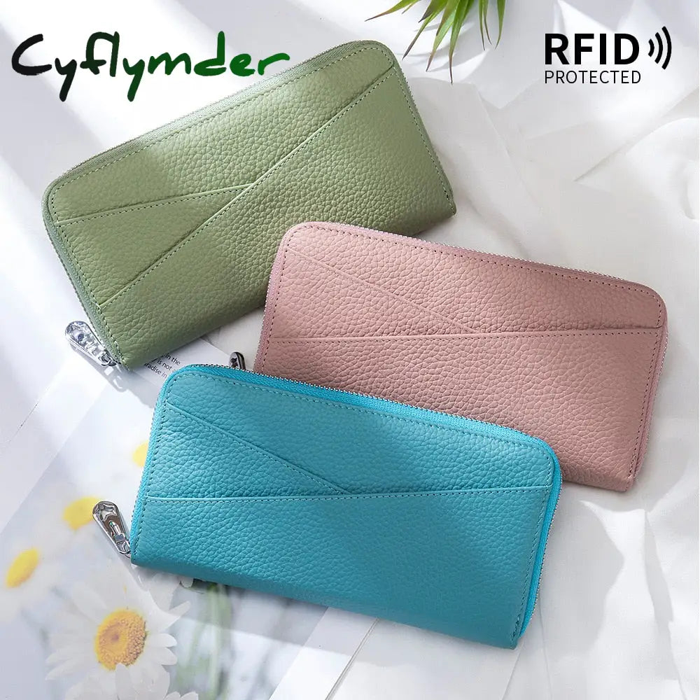 Cyflymder New Women Genuine Leather Wallets Female Long Rfid Folding Purses Fashion Soft Cowhide