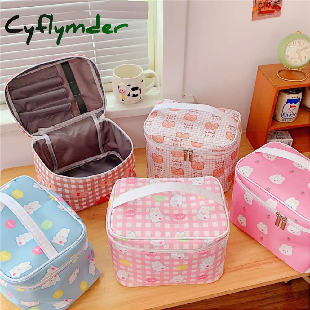 Cyflymder New Women Travel Cosmetic Makeup Bags Case Korean Bear Rabbit Plaid Toiletries Organizer