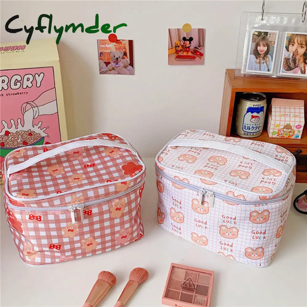 Cyflymder New Women Travel Cosmetic Makeup Bags Case Korean Bear Rabbit Plaid Toiletries Organizer