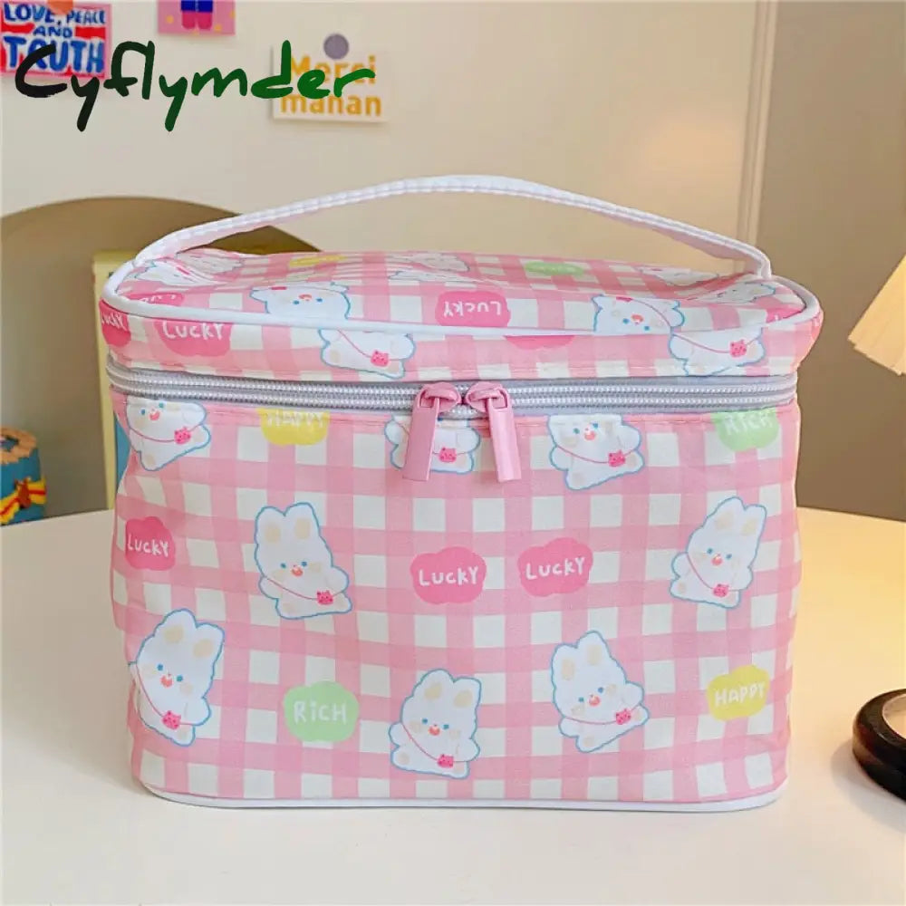 Cyflymder New Women Travel Cosmetic Makeup Bags Case Korean Bear Rabbit Plaid Toiletries Organizer