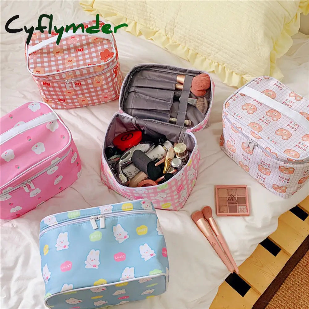 Cyflymder New Women Travel Cosmetic Makeup Bags Case Korean Bear Rabbit Plaid Toiletries Organizer