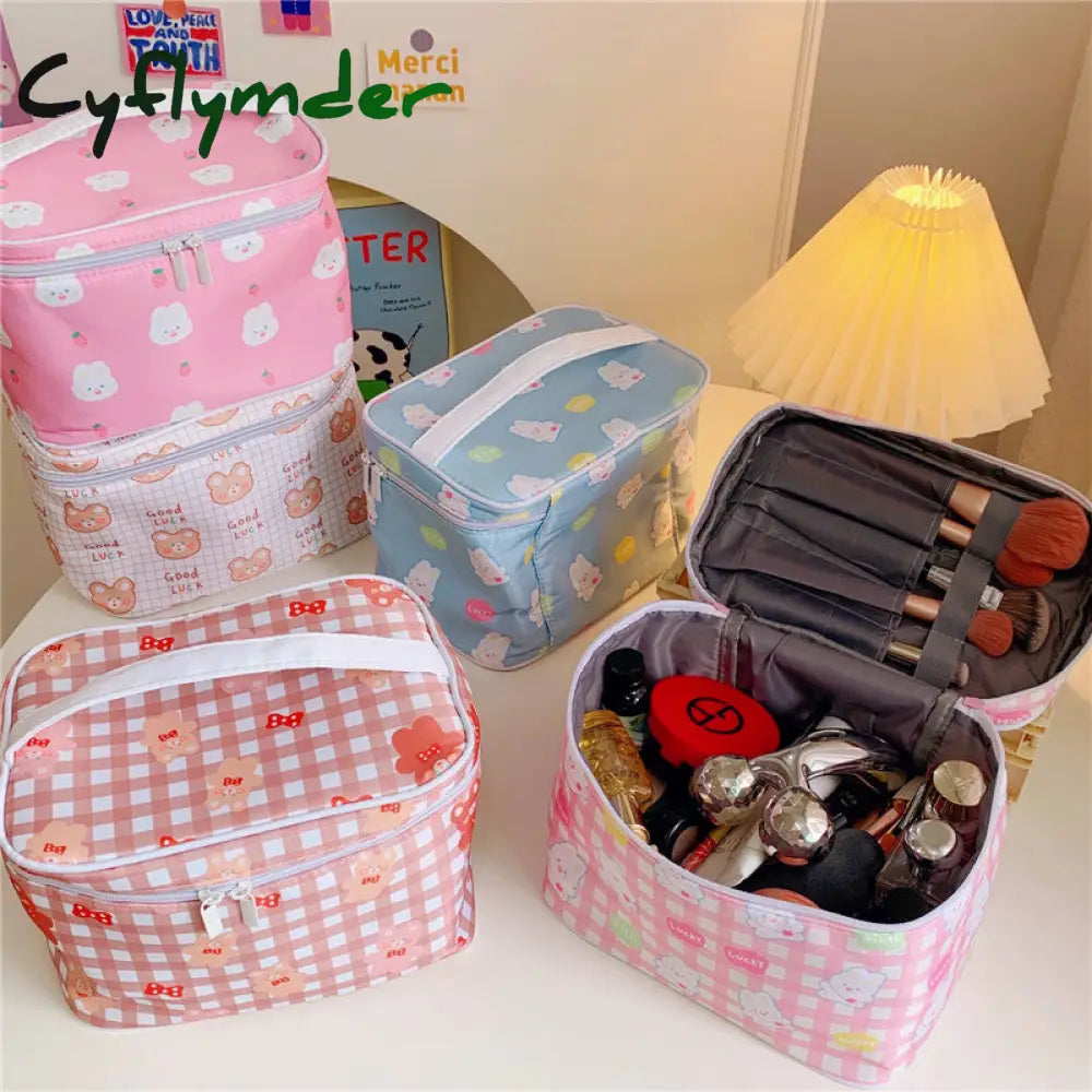 Cyflymder New Women Travel Cosmetic Makeup Bags Case Korean Bear Rabbit Plaid Toiletries Organizer