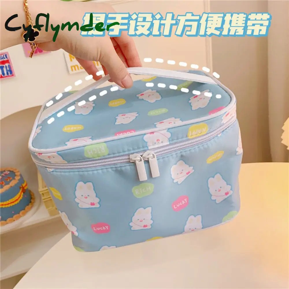 Cyflymder New Women Travel Cosmetic Makeup Bags Case Korean Bear Rabbit Plaid Toiletries Organizer