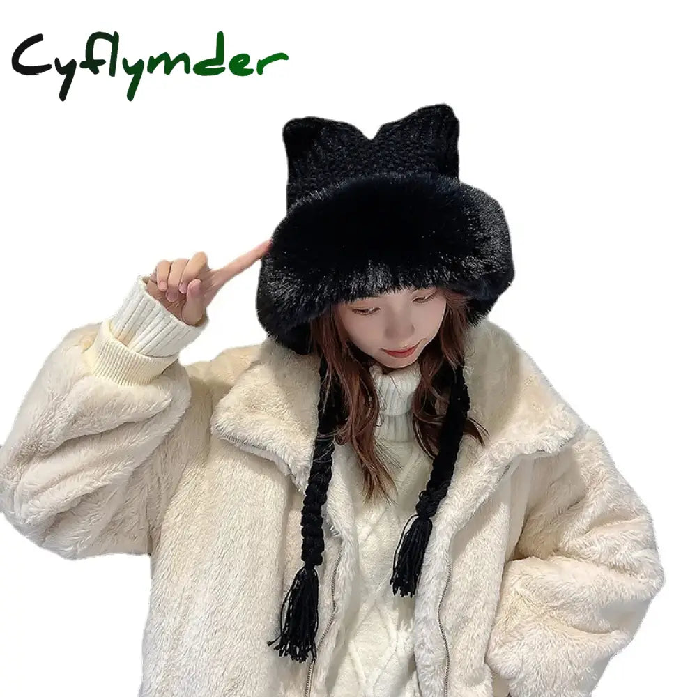 Cyflymder New Women Winter Warm Cute Beanie Hat Cat Ears Lady Kawaii Knitted Crochet Beanies Hat Cap With Braid For