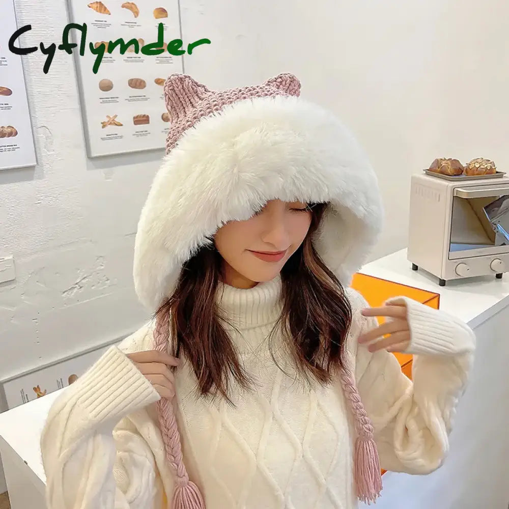 Cyflymder New Women Winter Warm Cute Beanie Hat Cat Ears Lady Kawaii Knitted Crochet Beanies Hat Cap With Braid For