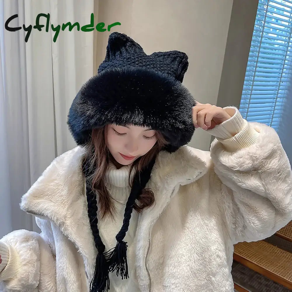 Cyflymder New Women Winter Warm Cute Beanie Hat Cat Ears Lady Kawaii Knitted Crochet Beanies Hat Cap With Braid For