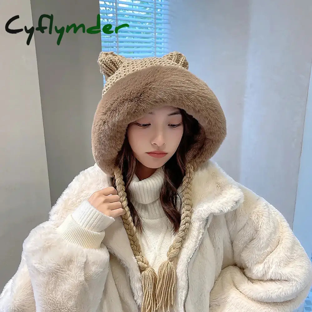 Cyflymder New Women Winter Warm Cute Beanie Hat Cat Ears Lady Kawaii Knitted Crochet Beanies Hat Cap With Braid For