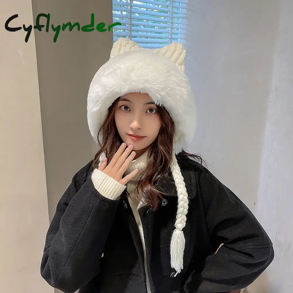 Cyflymder New Women Winter Warm Cute Beanie Hat Cat Ears Lady Kawaii Knitted Crochet Beanies Hat Cap With Braid For