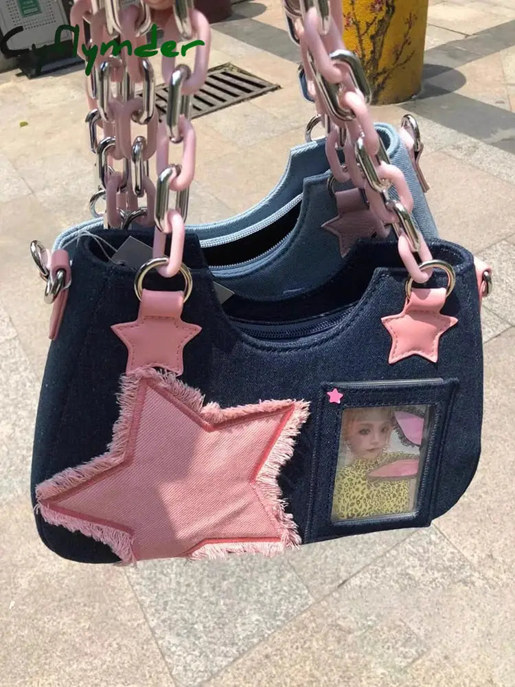 Cyflymder New Y2K Spice Girl Tote Denim Bag Fashion Cool Dark Shoulder Crossbody Chain Ladies Bags