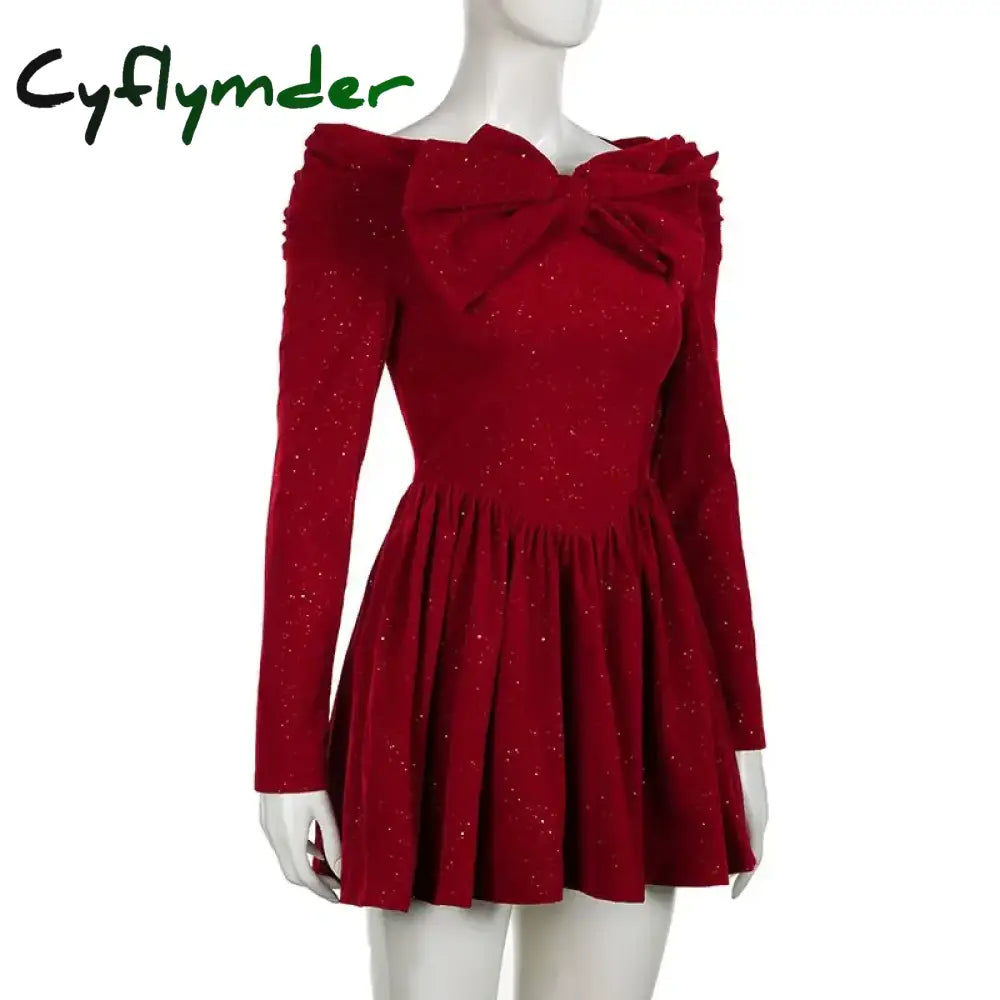 Cyflymder NEW YEAR DRESS Holiday Christmas Bow Velvet A-Line Red Dress Slim Slash Neck Long Sleeve Mini Dresses For