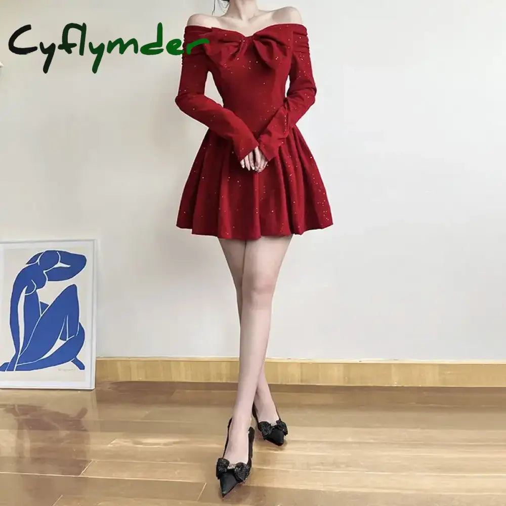 Cyflymder NEW YEAR DRESS Holiday Christmas Bow Velvet A-Line Red Dress Slim Slash Neck Long Sleeve Mini Dresses For