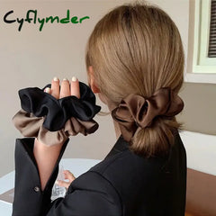 Cyflymder Newest Korean Woman Big Elegant Silk Elastics Hair Band Solid Color Scrunchies Ties