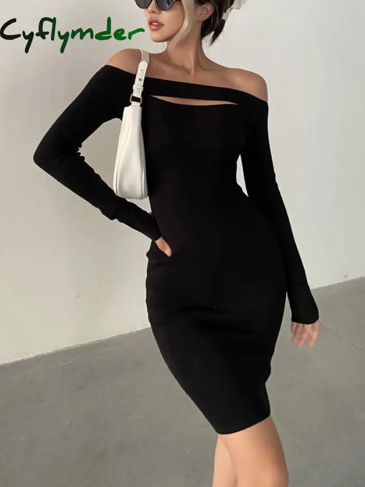 Cyflymder - No Afterthought Off Shoulder Short Sweater Dress Black / S Dresses