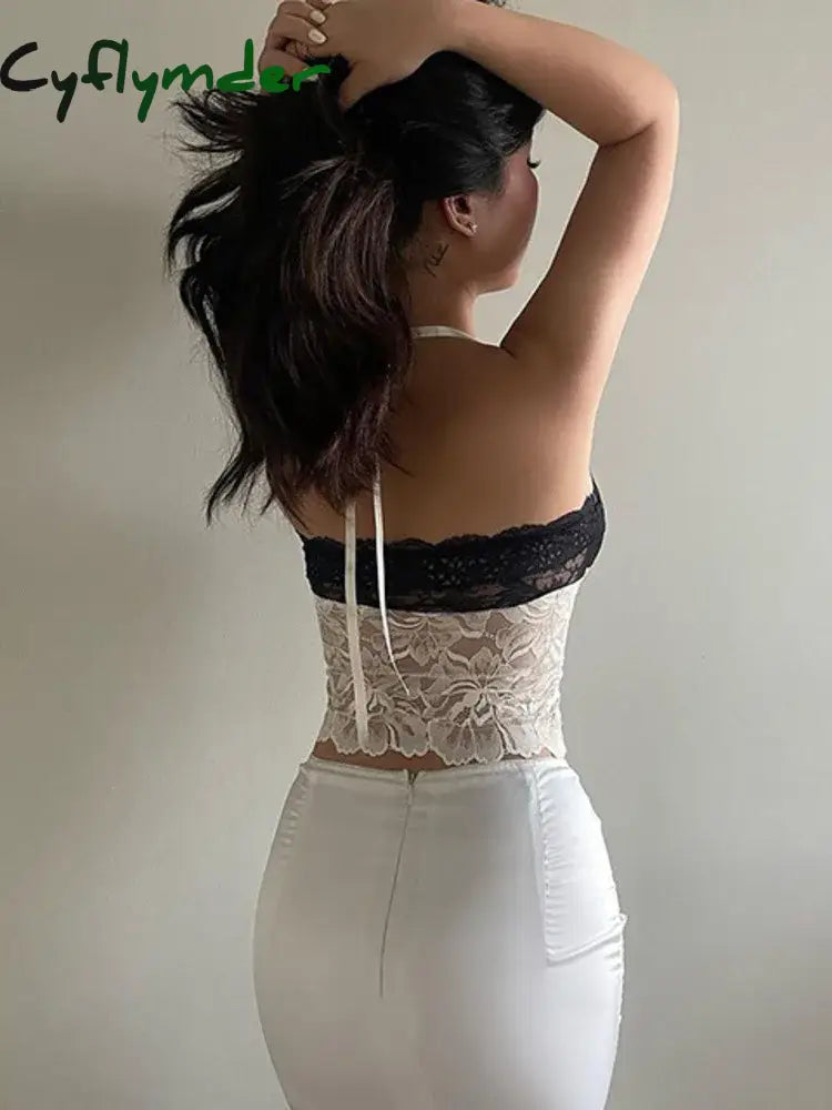 Cyflymder Off Shoulder Backless Halter Sexy Slim Cropprd Tops Women 2024 New Lace Patchwork Bow