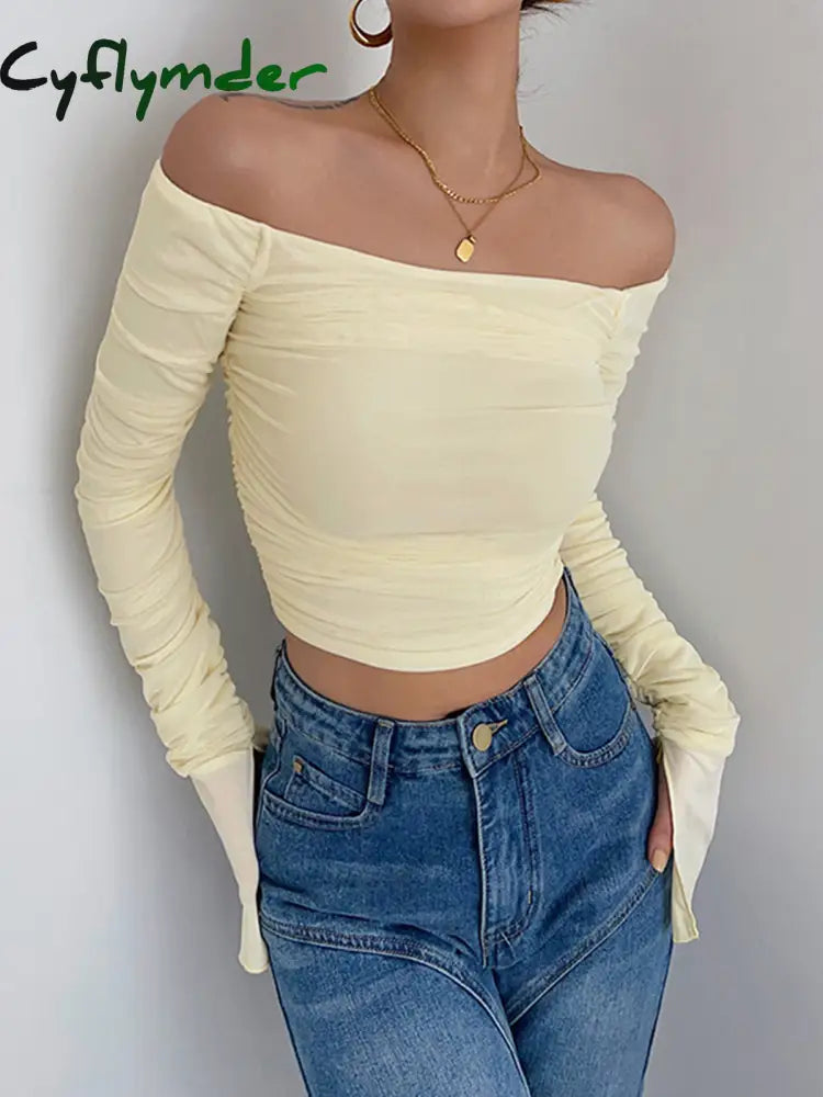 Cyflymder - Off Shoulder Mesh Crop Shirt T-Shirts