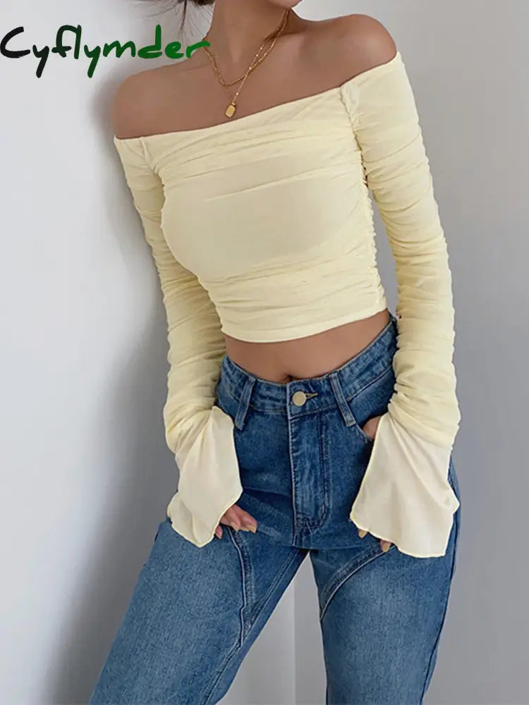 Cyflymder - Off Shoulder Mesh Crop Shirt T-Shirts