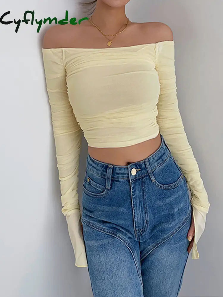 Cyflymder - Off Shoulder Mesh Crop Shirt Yellow / Xs T-Shirts