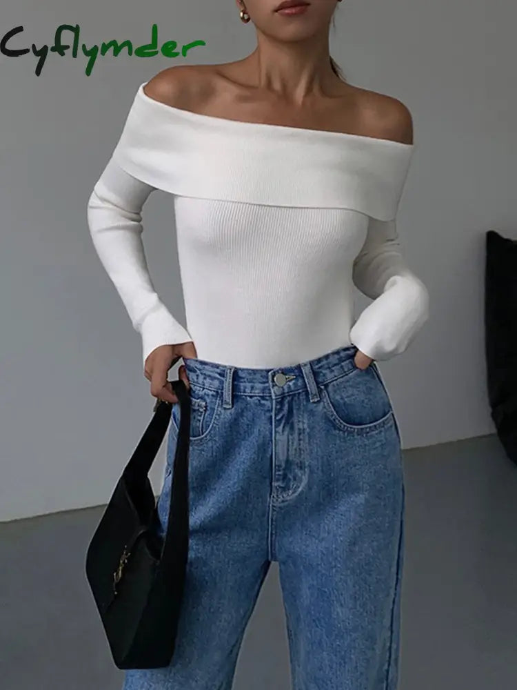 Cyflymder - Off Shoulder Overfold Long Sleeve Knit Top Tops