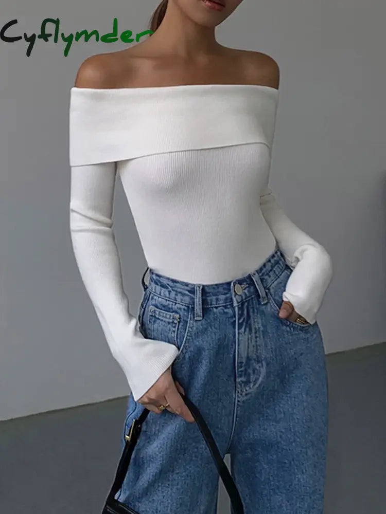 Cyflymder - Off Shoulder Overfold Long Sleeve Knit Top White / Xs Tops