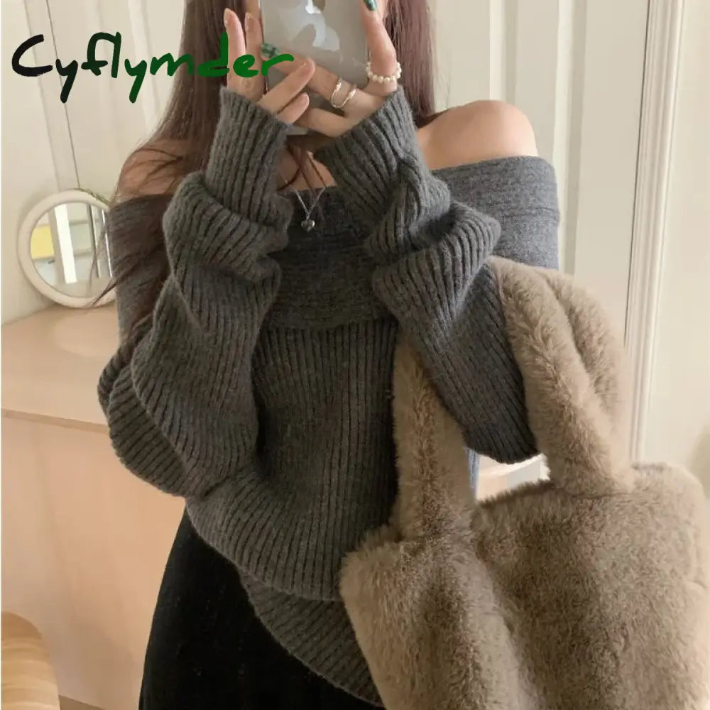 Cyflymder Off Shoulder Sexy Sweater Women Elegant Knitted Pullovers Korean Style Long Sleeve Fashion Autumn Winter