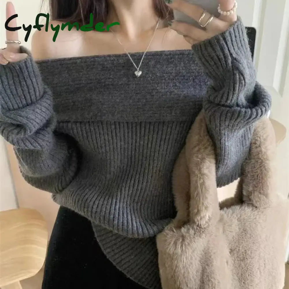 Cyflymder Off Shoulder Sexy Sweater Women Elegant Knitted Pullovers Korean Style Long Sleeve Fashion Autumn Winter