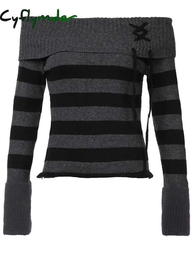 Cyflymder Off Shoulder Slim Knitted Stripe Jumper Women Lace-Up Slash Neck Long Sleeve Sweater Tee Korean Fashion