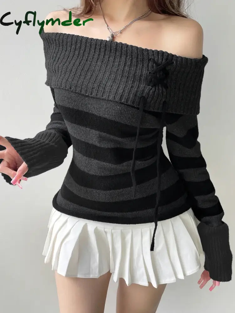 Cyflymder Off Shoulder Slim Knitted Stripe Jumper Women Lace-Up Slash Neck Long Sleeve Sweater Tee Korean Fashion