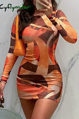 Cyflymder - Orange Casual Print Basic O Neck Long Sleeve Dresses / S