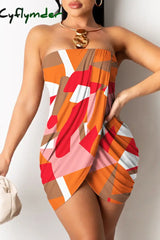 Cyflymder - Orange Sexy Print Patchwork Backless Strapless Sleeveless Dress Dresses / S