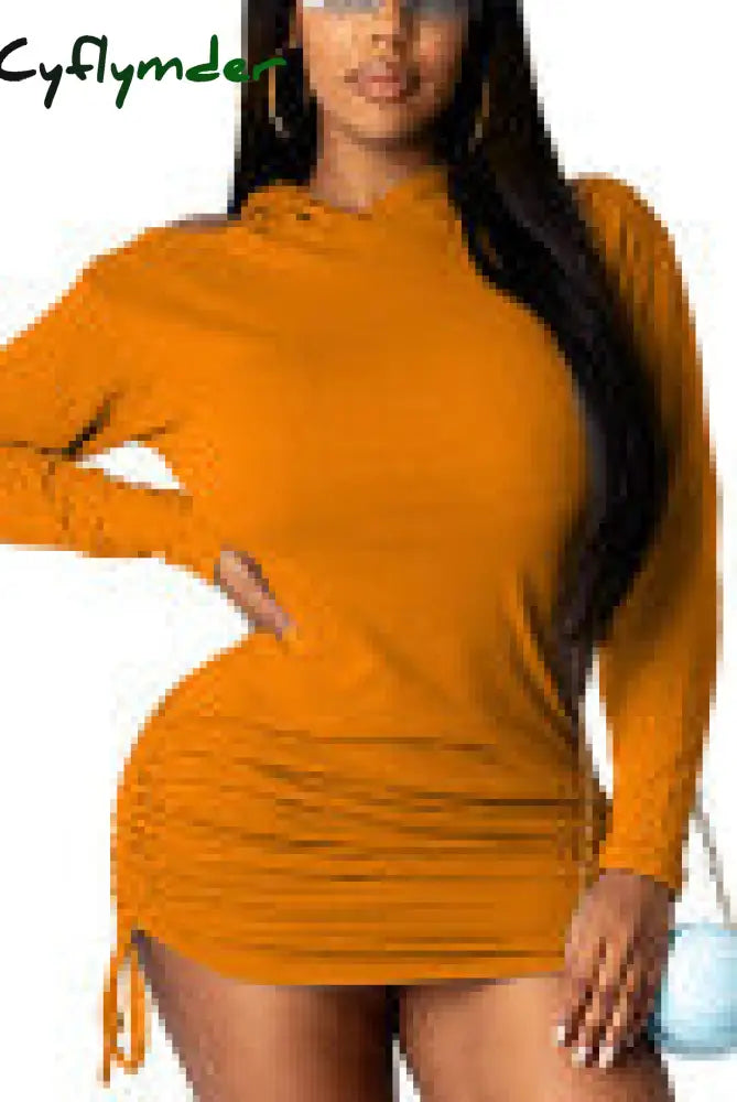 Cyflymder - Orange Sexy Solid Patchwork Fold Hooded Collar Long Sleeve Mini Pencil Skirt Dresses / S