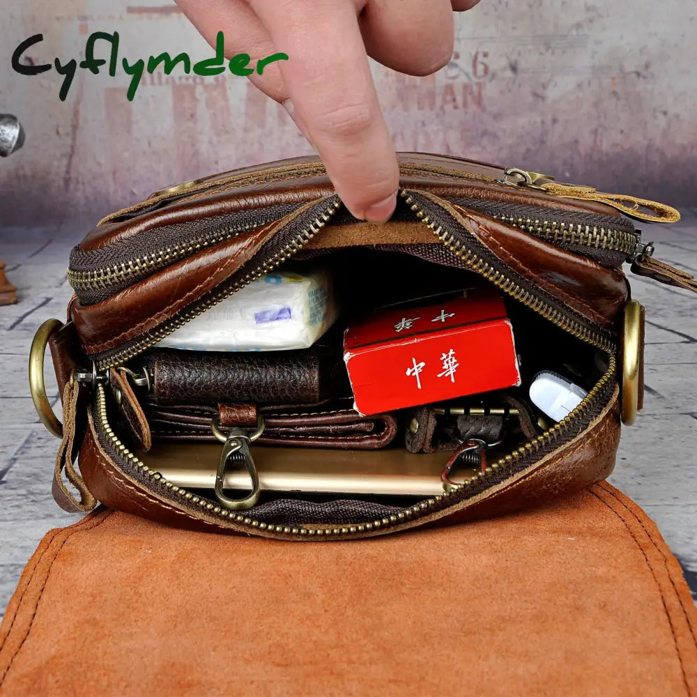 Cyflymder Original Leather Male Design Casual Shoulder Messenger Bag Cowhide Fashion 8’’ Tote