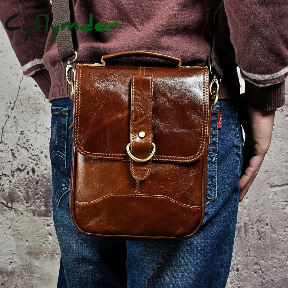 Cyflymder Original Leather Male Design Casual Shoulder Messenger Bag Cowhide Fashion 8’’ Tote