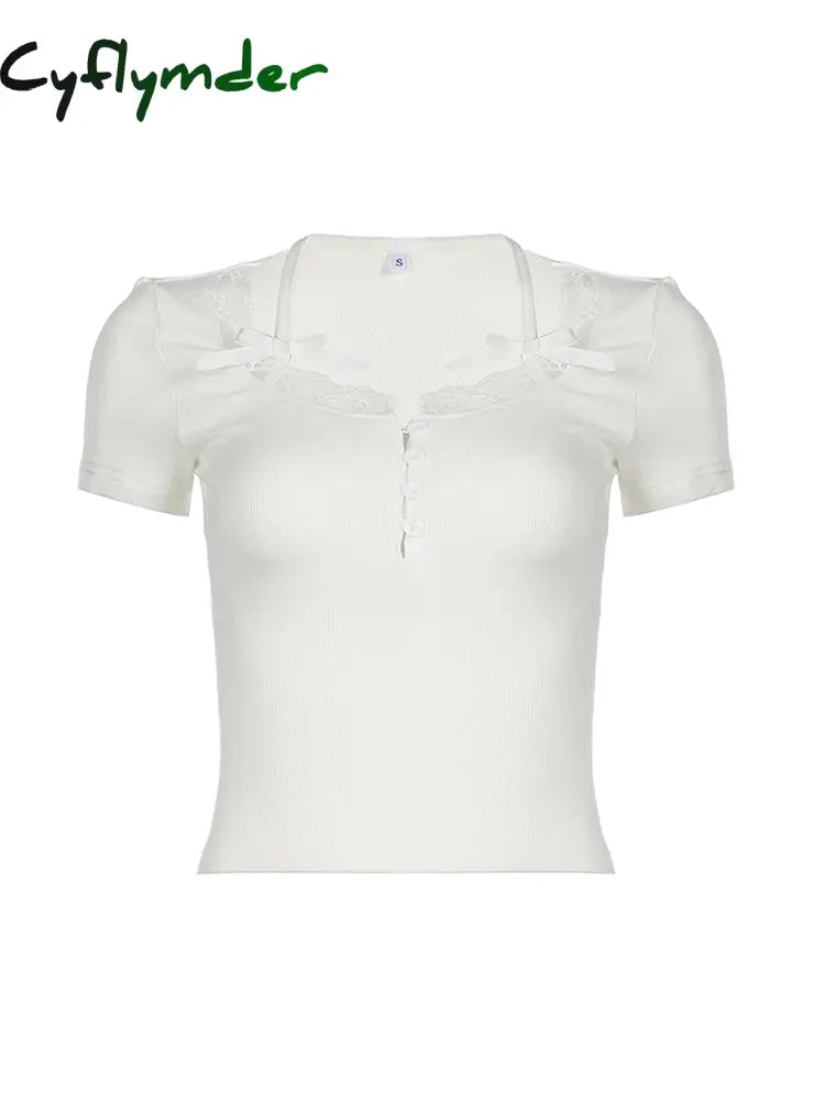 Cyflymder summer inspo Halter Neck Lace Trim Bow Cute Black Y2K T-Shirt Women Button Up Slim Short Sleeve White Tees