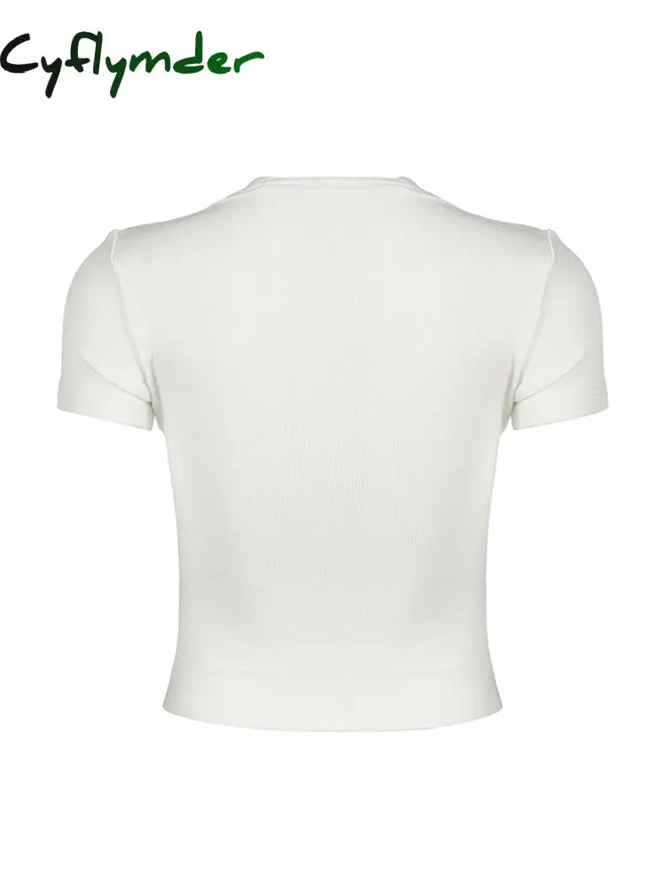 Cyflymder summer inspo Halter Neck Lace Trim Bow Cute Black Y2K T-Shirt Women Button Up Slim Short Sleeve White Tees