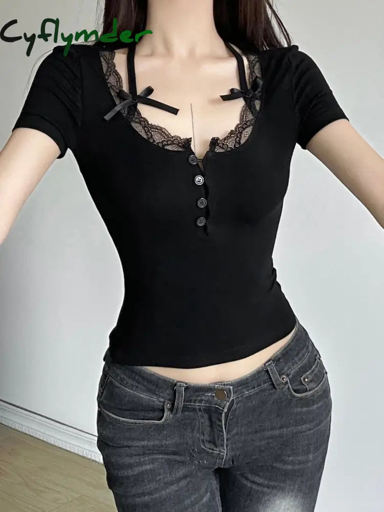 Cyflymder summer inspo Halter Neck Lace Trim Bow Cute Black Y2K T-Shirt Women Button Up Slim Short Sleeve White Tees
