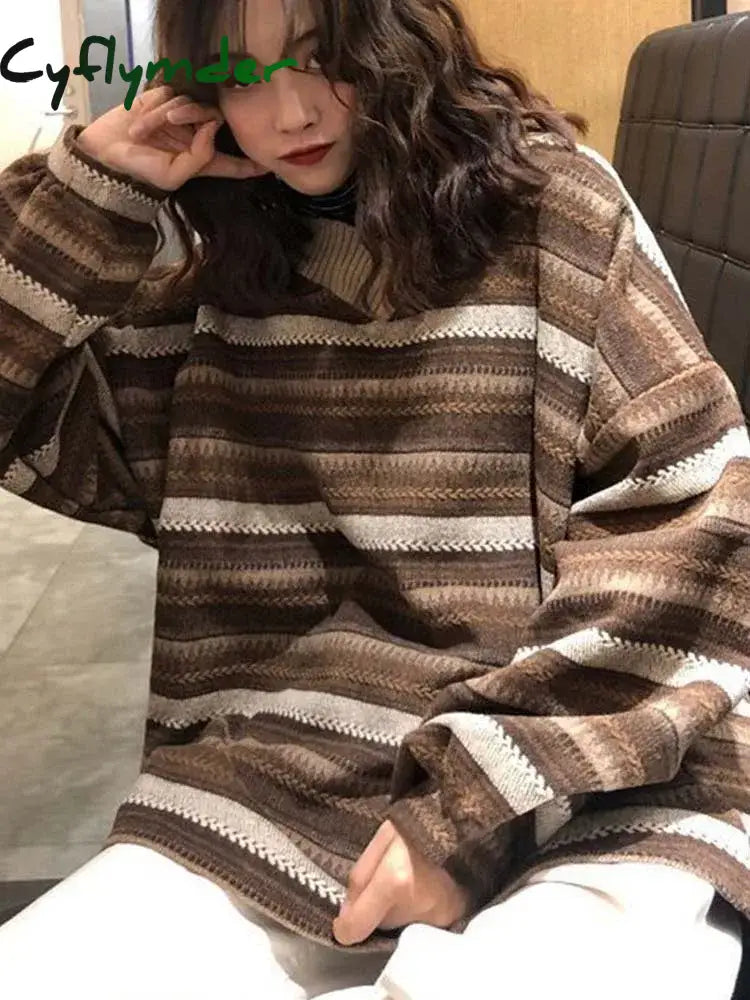 Cyflymder outfit inspo winter Striped Sweaters Women Oversize Pullovers Autumn Winter Knit Sweater Hip Hop Ulzzang BF