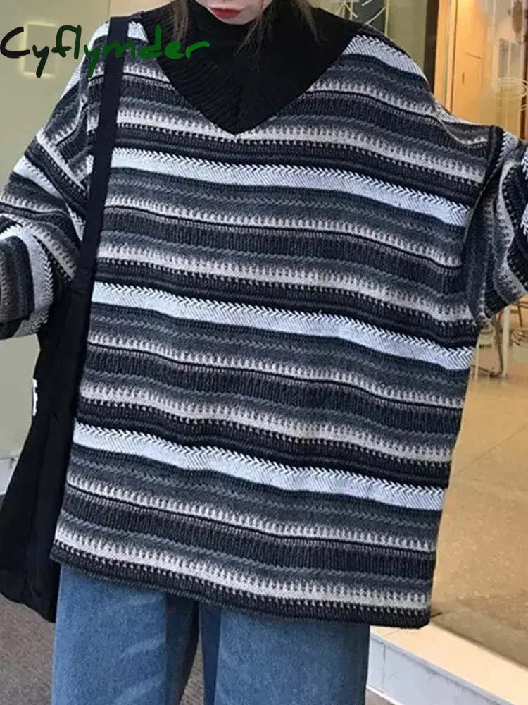 Cyflymder outfit inspo winter Striped Sweaters Women Oversize Pullovers Autumn Winter Knit Sweater Hip Hop Ulzzang BF