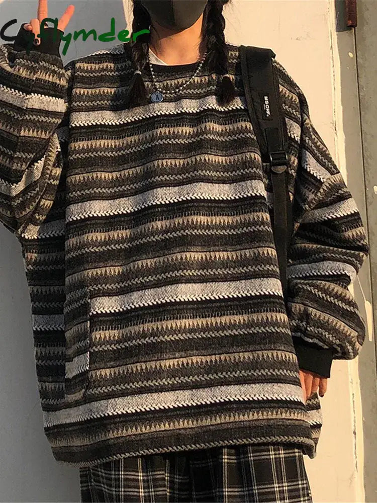 Cyflymder outfit inspo winter Striped Sweaters Women Oversize Pullovers Autumn Winter Knit Sweater Hip Hop Ulzzang BF