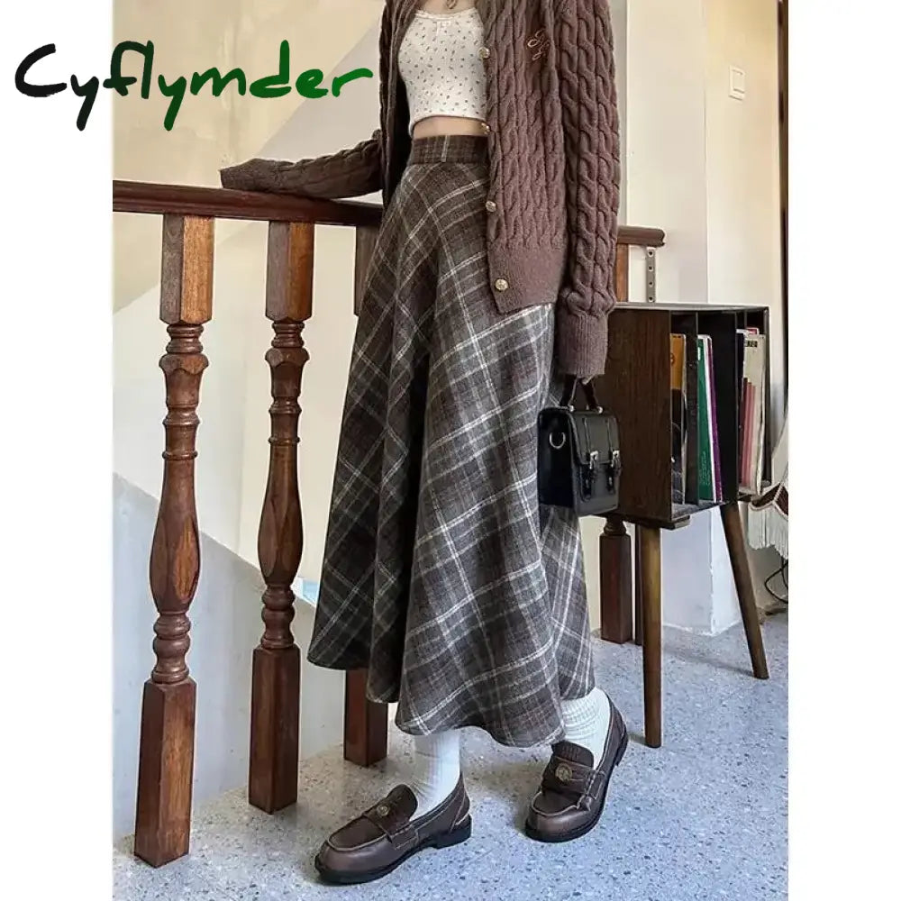 Cyflymder outfit inspo winter Women’s Vintage Plaid Skirt Woolen A- Line Long Dress Coffee Color Slimming Semi-Straight