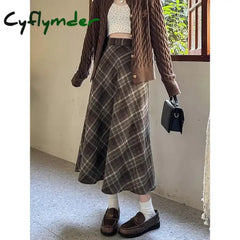 Cyflymder outfit inspo winter Women’s Vintage Plaid Skirt Woolen A- Line Long Dress Coffee Color Slimming Semi-Straight