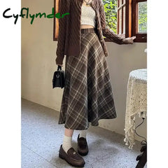 Cyflymder outfit inspo winter Women’s Vintage Plaid Skirt Woolen A- Line Long Dress Coffee Color Slimming Semi-Straight
