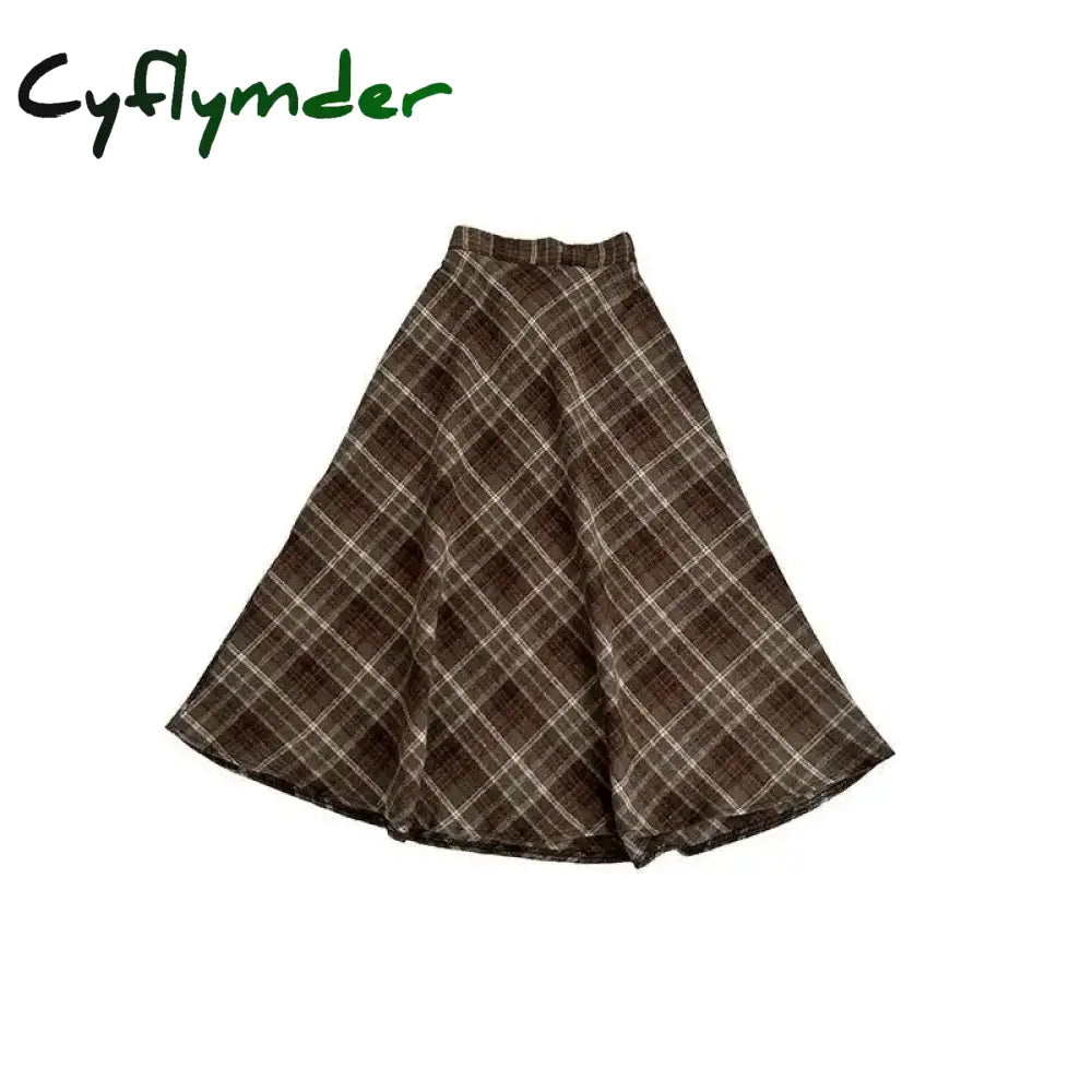 Cyflymder outfit inspo winter Women’s Vintage Plaid Skirt Woolen A- Line Long Dress Coffee Color Slimming Semi-Straight