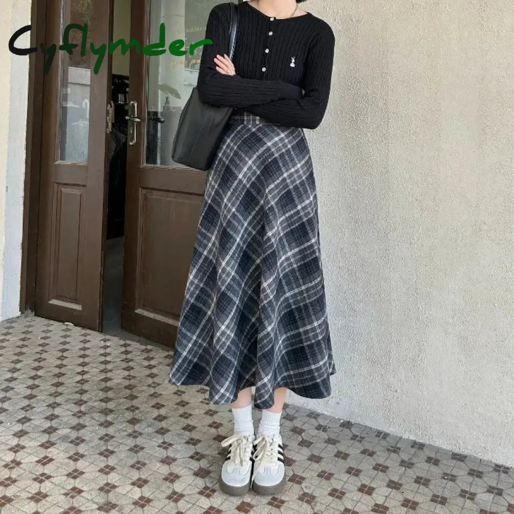 Cyflymder outfit inspo winter Women’s Vintage Plaid Skirt Woolen A- Line Long Dress Coffee Color Slimming Semi-Straight